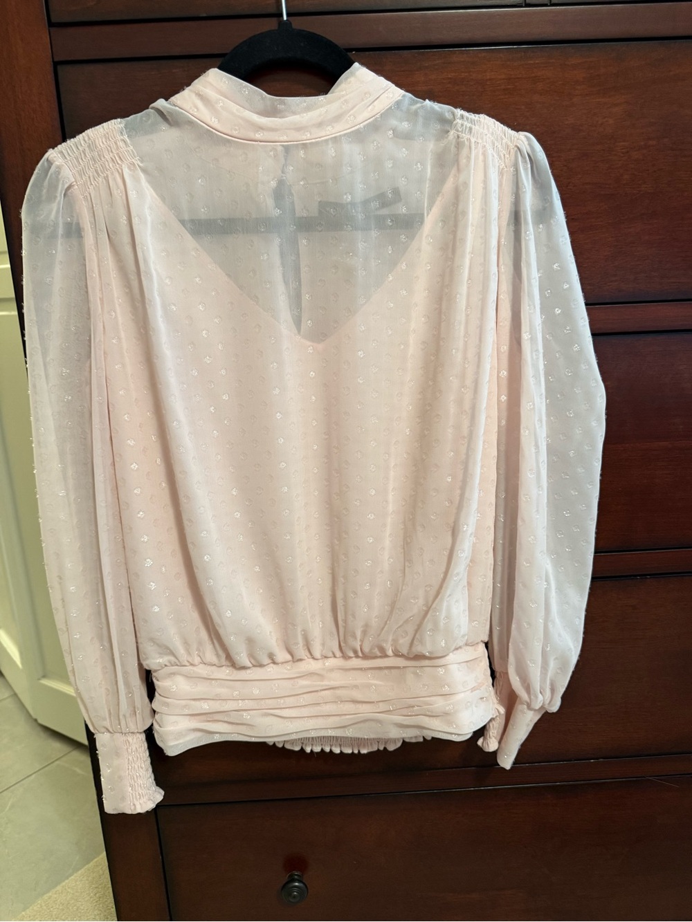 White House Black Market Light Pink Sheer Swiss Dot Long Sleeve Blouse